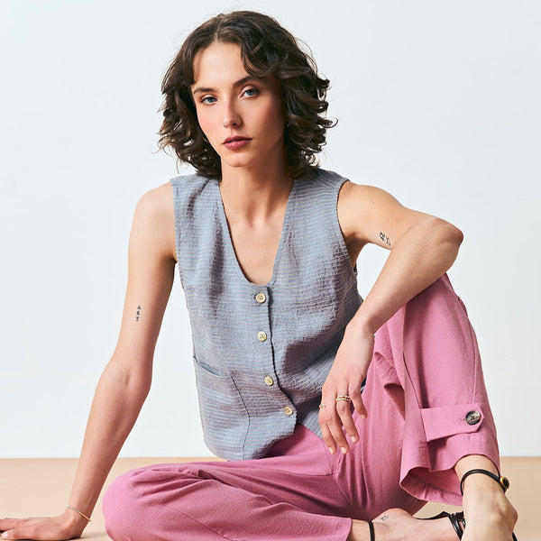 'Galley Button Up' Soft Blue with Natural Stripe