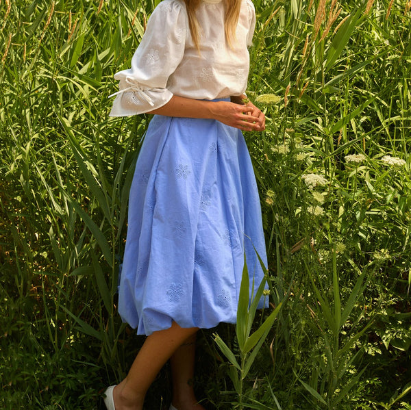 'Cerise Balloon Skirt' Blue, Tomato, and White