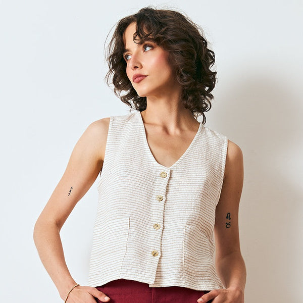 'Galley Button Up' Soft Blue with Natural Stripe